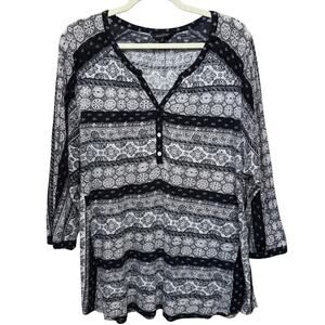 Lucky Brand Boho A-line Top Size 2X Black White Knit Linen Blend V-Neck Tunic
